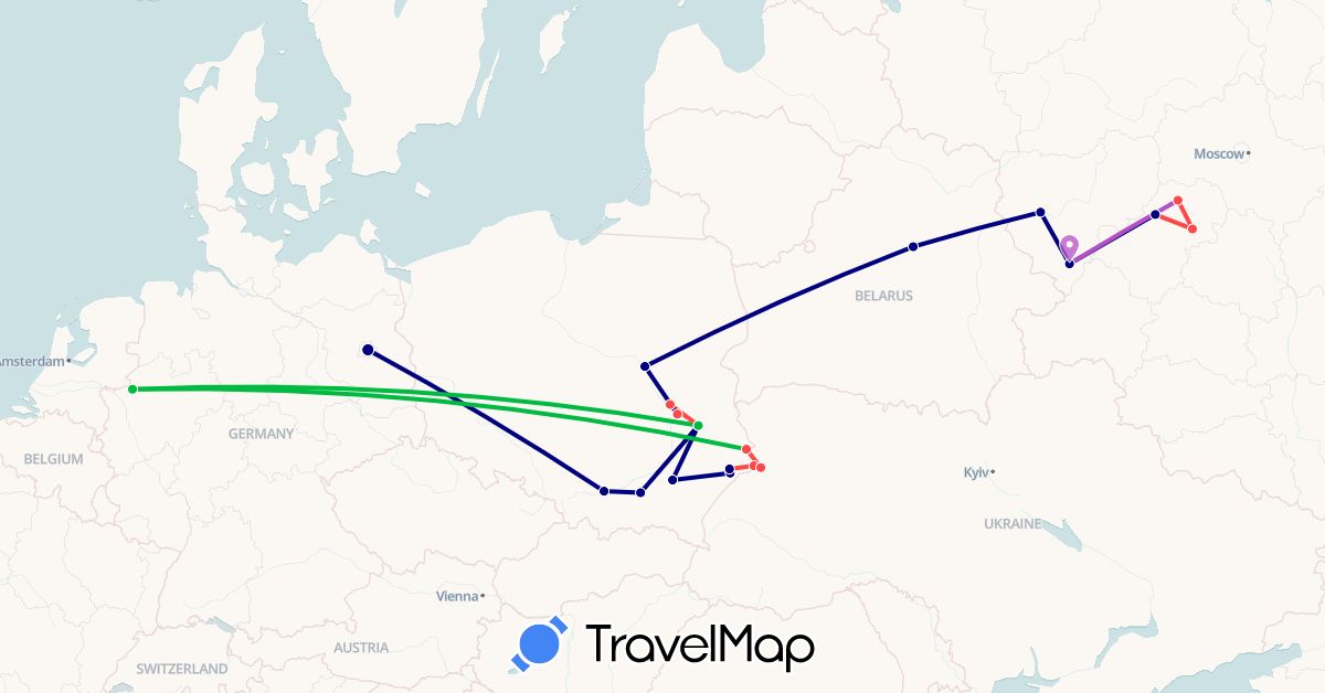 TravelMap itinerary: driving, bus, train, hiking in Belarus, Germany, Poland, Russia, Ukraine (Europe)